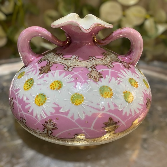Antique Japan Nippon Vase Daisies Hand Painted Moriage Beaded Pink Handled Squat - Picture 5 of 10